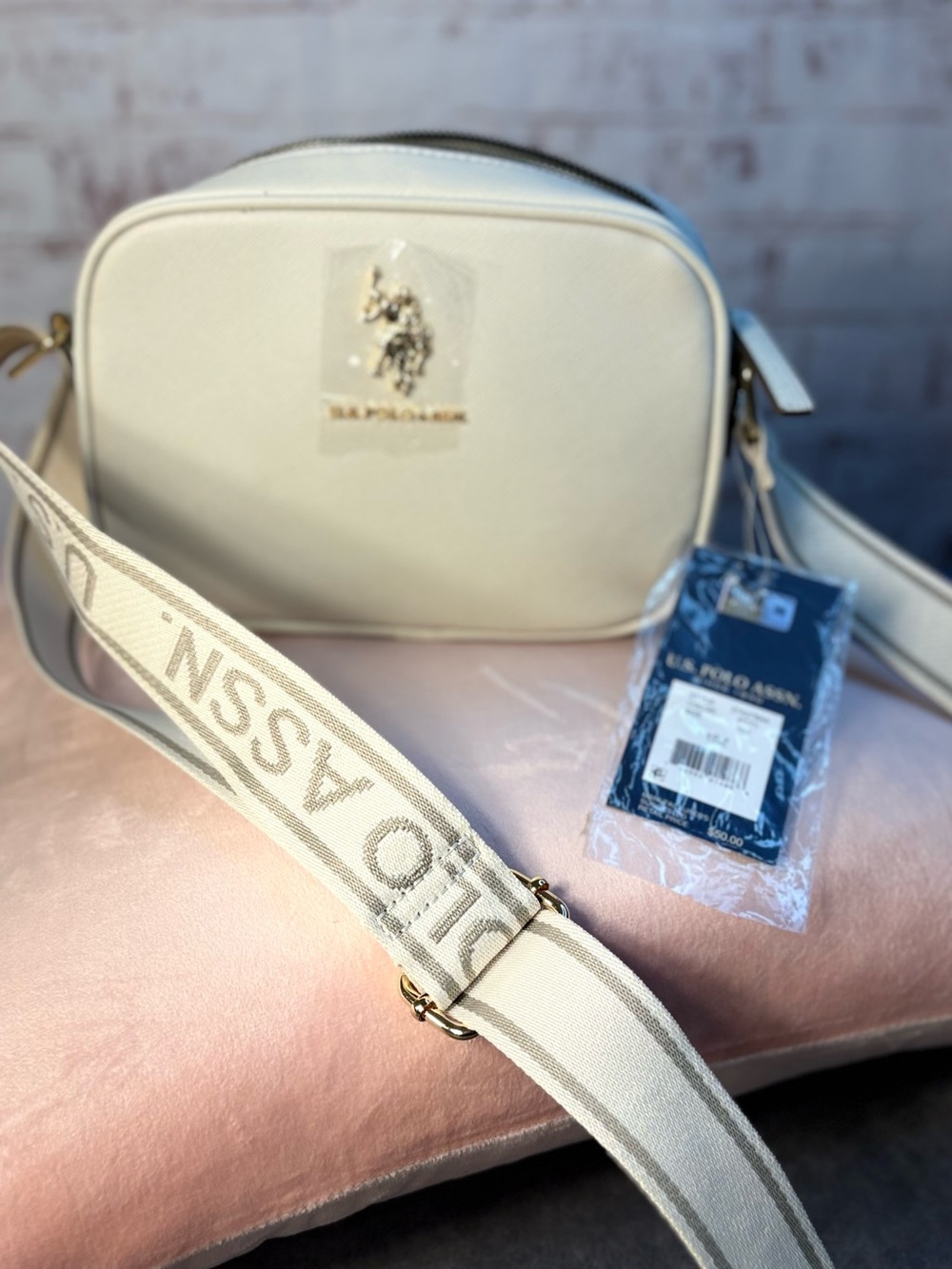 U.S. Polo Assn. Cream Saffiano Crossbody Bag with Wide Strap - Picture 16 of 16